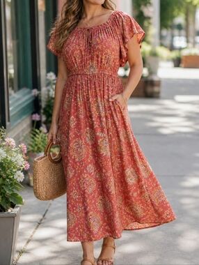 Chaps 100% Cotton Floral Midi Dress Boho Prairie Cottagecore Puff Sleeve